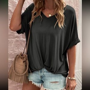 Boho casual V neck batwing sleeve twist front tee